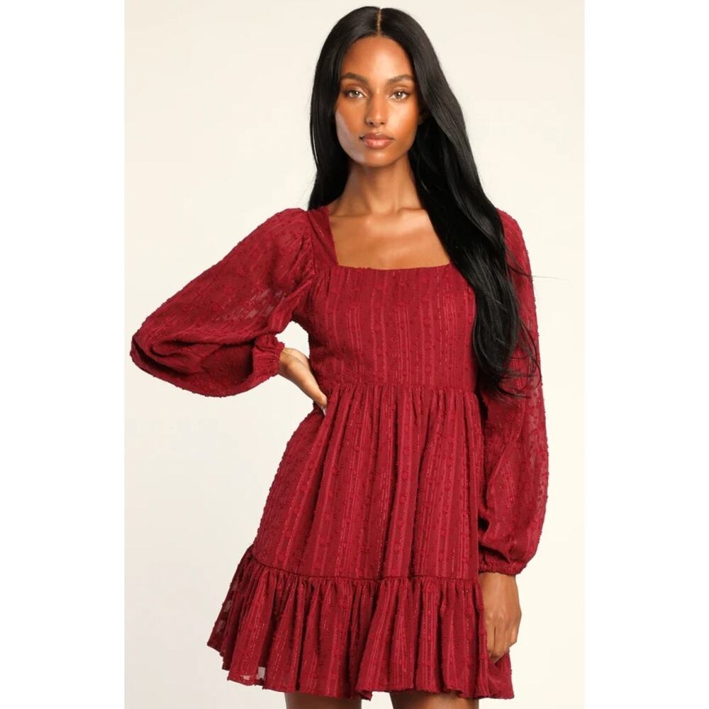 Lulus Mini Skater Dress Womens Size Medium Burgundy Only You and I Tie Back Boho